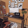 Wooden Desk With Computer Monitor Scenic View Digital Clock Black Lamp Potted Plant Keyboard Camera
