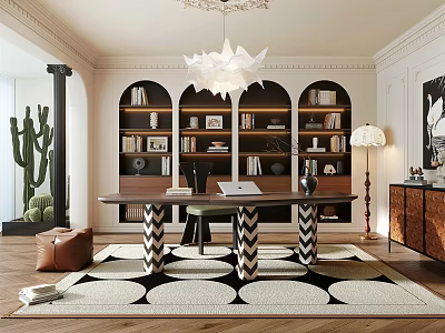 Elegant Study Room Interior With Built in Bookshelves Wooden Desk Statement Chandelier And Geometric Rug 3d model