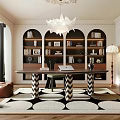 Elegant Study Room Interior With Built in Bookshelves Wooden Desk Statement Chandelier And Geometric Rug
