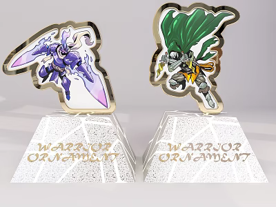 Warrior Ornaments With Purple Winged Figure And Green Cape Design On White Pedestals Golden Text 3d model