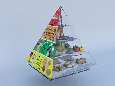 Pyramid Shaped Display Shelf with Categorized Food Models Vegetables Fruits and Grains 3d model