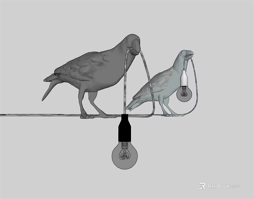 Table Lamp with Two Pigeons Perched on Wire and Bulb Hanging Below 3d model 