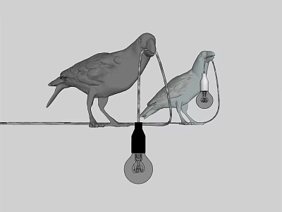 Table Lamp with Two Pigeons Perched on Wire and Bulb Hanging Below 3d model