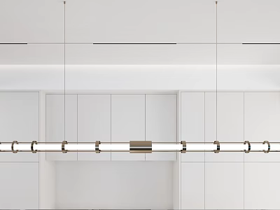 Modern Kitchen Interior Design With Linear Hanging Chandelier And White Cabinets 3d model