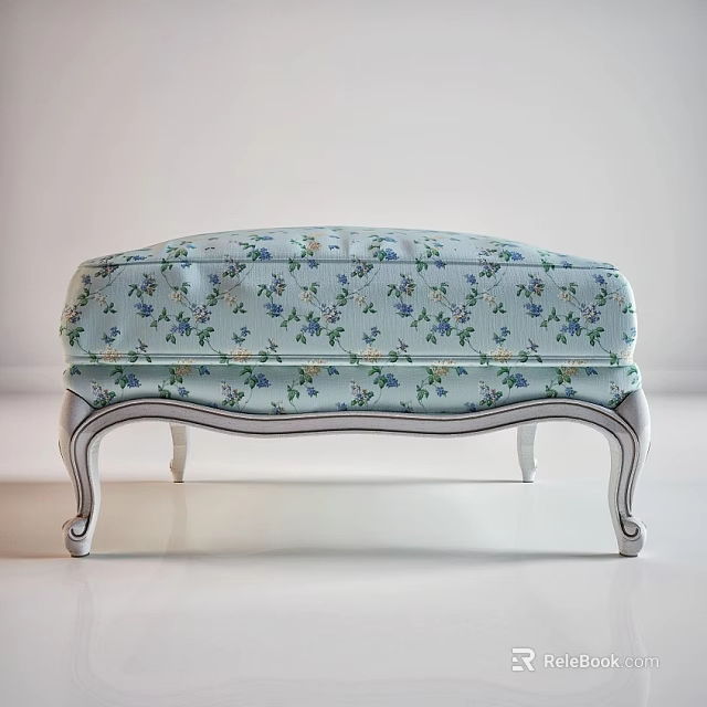 Light Blue Floral Pattern Ottoman With Silver Ornate Legs And Elegant Design 3d model