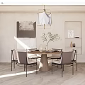 Modern Dining Room Interior With Wooden Table Gray Chairs Hanging Chandelier And Abstract Wall Art