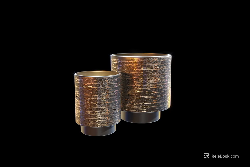 Elegant Metallic Wine Bottles And Glasses With Textured Surface Different Sizes And Black Background 3d model 