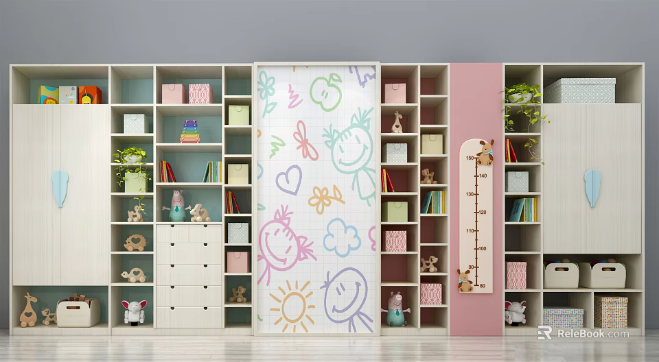 Decorative Cabinet With White Pink Compartments Books Toys Decorations Cartoon Drawing Board And Height Ruler 3d model 