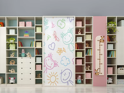 Decorative Cabinet With White Pink Compartments Books Toys Decorations Cartoon Drawing Board And Height Ruler 3d model