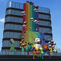 Colorful Art Installation On High Rise Building Facade With Rainbow Clouds Ferris Wheel Cartoon Bear And Flowers