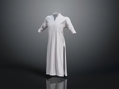 Minimalist White Long Dress With Stand Up Collar Mid Length Sleeves And Side Slit 3d model