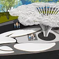 Artistic Cloud Shaped Pergola With Blue Sky White Clouds And Trees Where People Are Walking