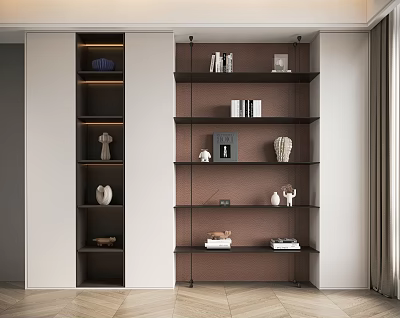 Modern Bookcase with Multiple Shelves Books Sculptures Vases and Decorations in Dark Brown and White 3d model