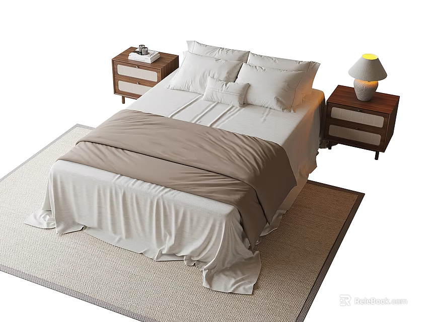 Modern Bedroom Interior With Double Bed Bedding Bedside Tables Lamp And Rug 3d model 