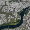 Urban Planning Aerial View With River Road Network And Buildings