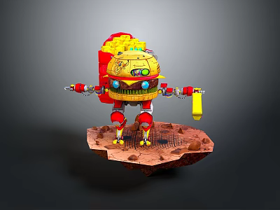 Yellow And Red Hamburger Themed Robot Figure Standing On Rock Platform Holding Yellow Object 3d model