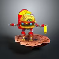 Yellow And Red Hamburger Themed Robot Figure Standing On Rock Platform Holding Yellow Object