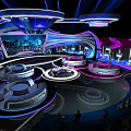 Modern Futuristic TV Studio With Colorful Lighting And Large Screen