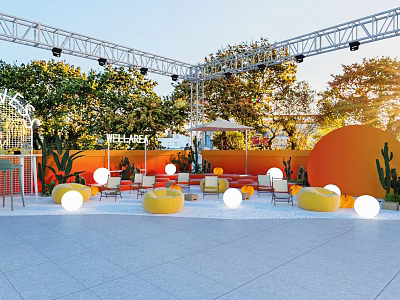 Outdoor Modern Seating Area With Stage Green Plants Orange Decor Yellow Sofas White Sphere Lights 3d model