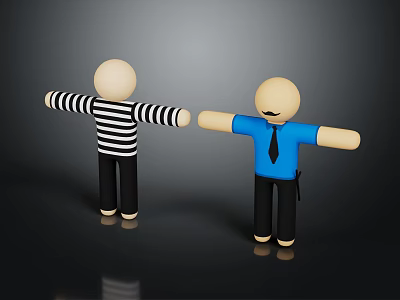 Two Cartoon Characters In Striped And Blue Shirts With Outstretched Arms On Gray Background 3d model