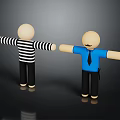 Two Cartoon Characters In Striped And Blue Shirts With Outstretched Arms On Gray Background