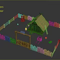 Rustic Log Cabin Enclosed Garden Scenery with Thatched Roof Wooden Fence Gate Wheelbarrow and Bucket