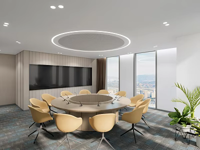 Modern Conference Room Interior With Round Table Yellow Chairs Large Screen And Windows 3d model