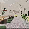 Café Interior Design With Arched Doorways Chandeliers Patterned Tiles Booth Seating And Colorful Chairs
