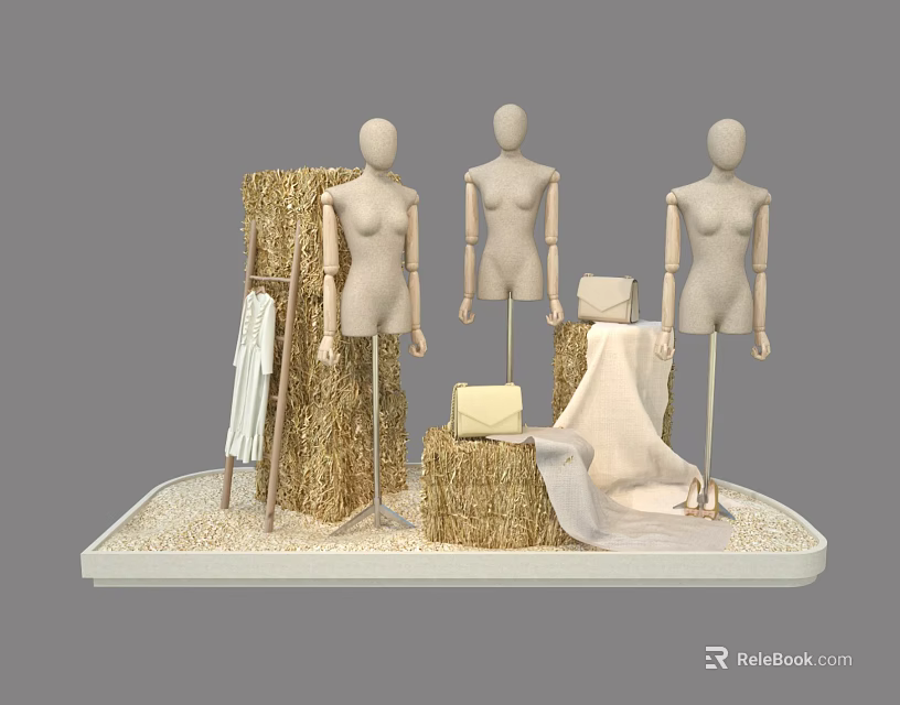 Fashion Display Mannequins With Straw Bales Clothes Rack Draped Fabric And Sandy Base 3d model 