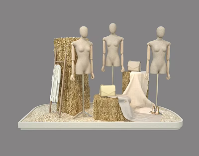Fashion Display Mannequins With Straw Bales Clothes Rack Draped Fabric And Sandy Base 3d model