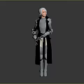 Game Movie Character With White Short Hair In Silver Black Armor Standing On Gray Background