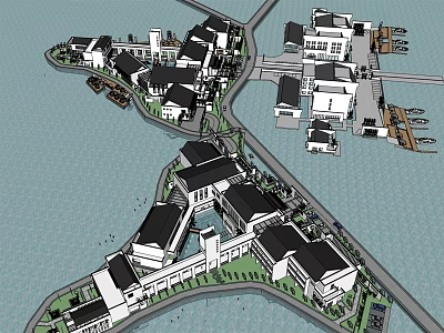 Waterfront Hotel Architecture Complex Featuring Modern Buildings And Surrounding Water Layout 3d model