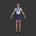 3D Model of a Woman in Sailor Uniform with Purple Hair and Blue Skirt
