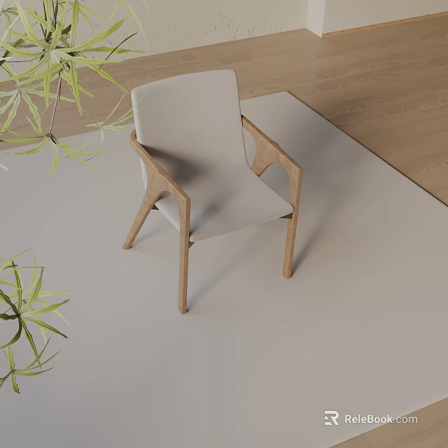 Modern Minimalist Accent Chair With Wooden Armrests Light Cushion And Green Plants In Interior Design 3d model 