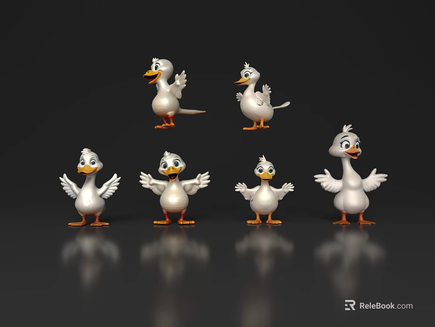 Cartoon Style White Ducks With Orange Feet In Various Poses On Black Background With Reflections 3d model 