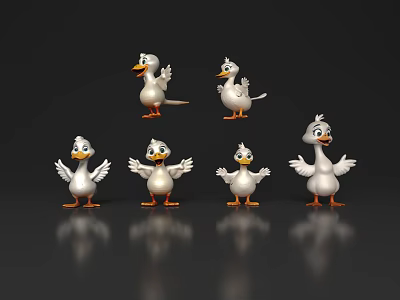 Cartoon Style White Ducks With Orange Feet In Various Poses On Black Background With Reflections 3d model