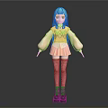 Anime Game Character With Teal Hair Yellow Top Skirt Pink Stockings And Black Boots