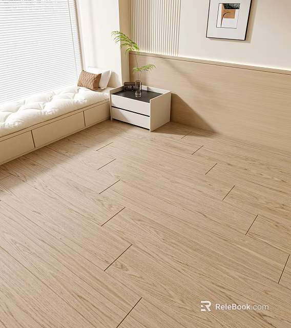 Cozy Bedroom With Wooden Flooring And Window Seat 3d model 