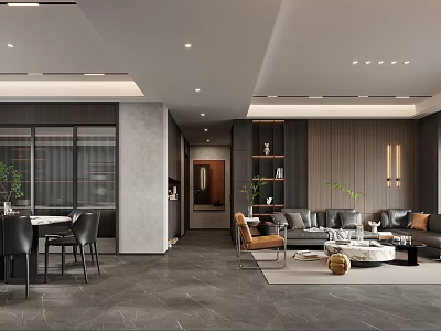 Modern Luxury Open Dining And Living Room With Comfortable Leather Sofa And Marble Furnishings 3d model