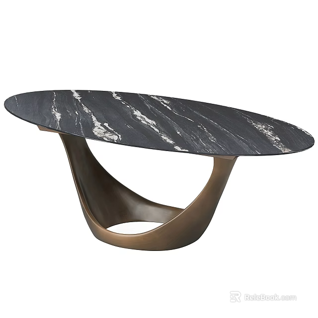Unique Oval Dining Table Featuring Black Marble Top With White Veins And Brass Curved Base 3d model 