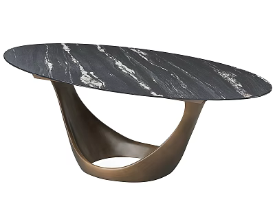 Unique Oval Dining Table Featuring Black Marble Top With White Veins And Brass Curved Base 3d model