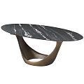 Unique Oval Dining Table Featuring Black Marble Top With White Veins And Brass Curved Base