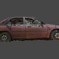 Old Rusty Red Car With Damaged Windows And Interior Red Seat