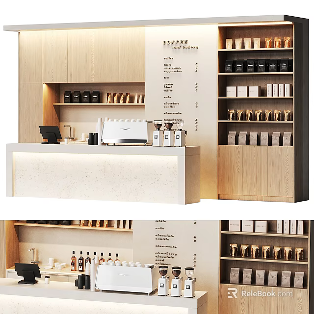 Cozy Café Interior With Wooden Counter Coffee Bean Shelves And Coffee Machine 3d model 