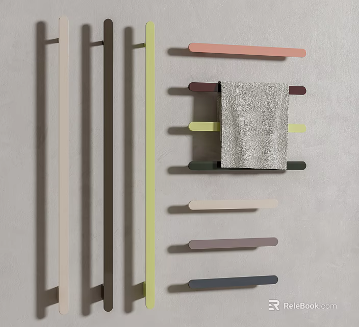 Stylish Bathroom Cabinet Rack With Colorful Towel Bars And Hanging Towel Design 3d model 