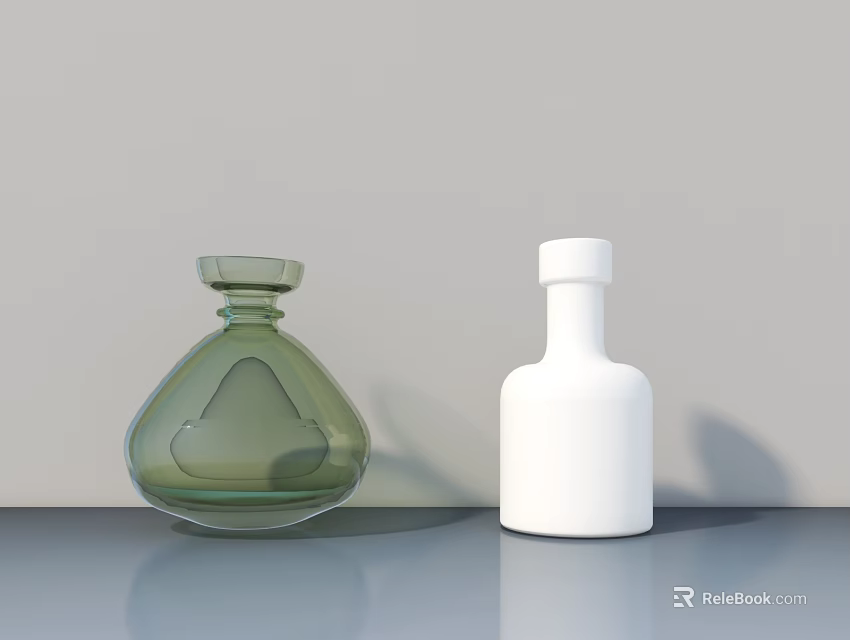 Two Green and White Ceramic Bottles Displayed on Gray Table with Plain Background 3d model 