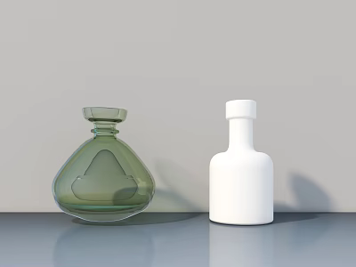 Two Green and White Ceramic Bottles Displayed on Gray Table with Plain Background 3d model