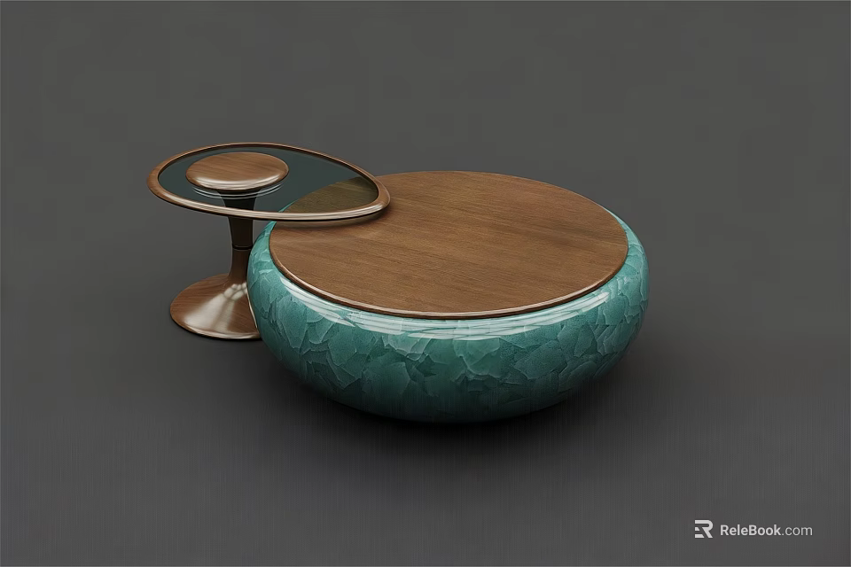 Modern Coffee Table With Wooden Top Teal Textured Base And Glass Side Table 3d model 