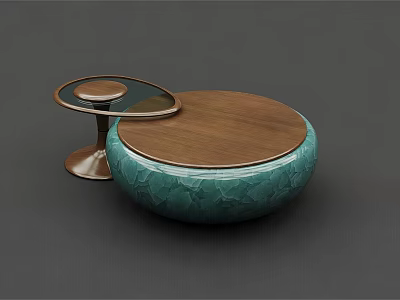 Modern Coffee Table With Wooden Top Teal Textured Base And Glass Side Table 3d model