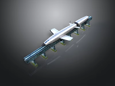 Modern Aerodynamic High Speed Train On Elevated Railway Track With Supports 3d model